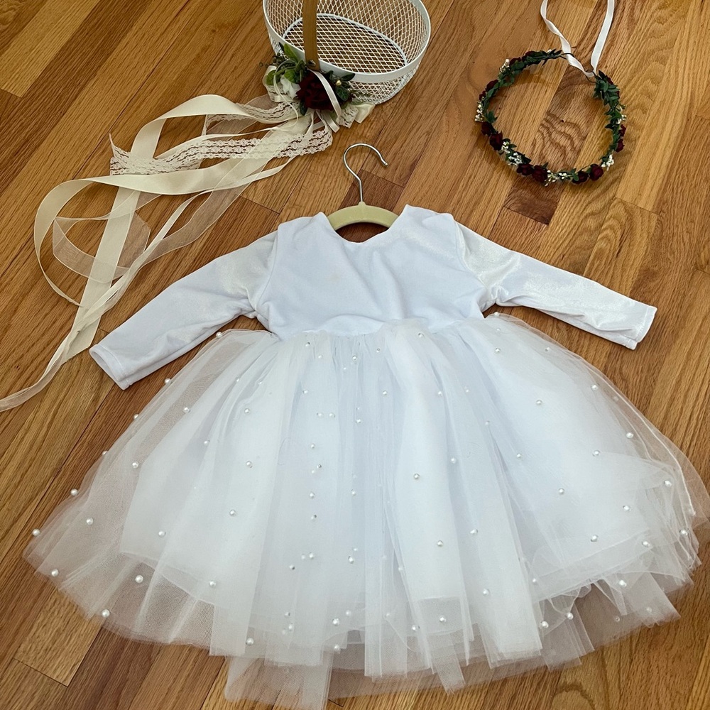 Toddler Flower Girl Dress, Crown & Basket Set